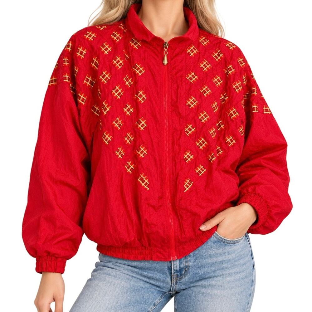 On Your Mark 80s 90s Women Large Red Gold Metallic Christmas Windbreaker Jacket